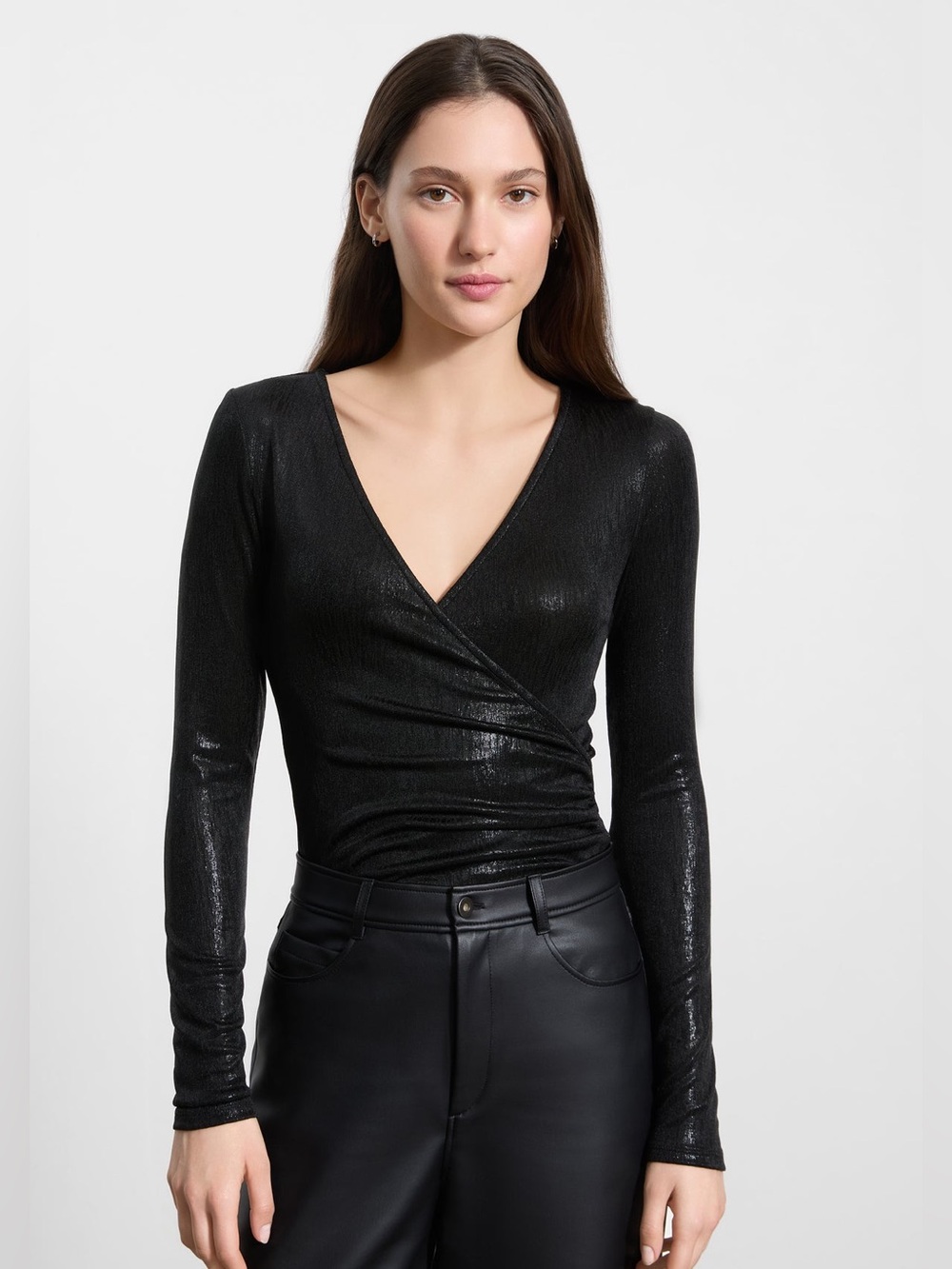 Marcella NYC Dulce Metallic Top Sparkly Lurex Long-Sleeve Wrap Top